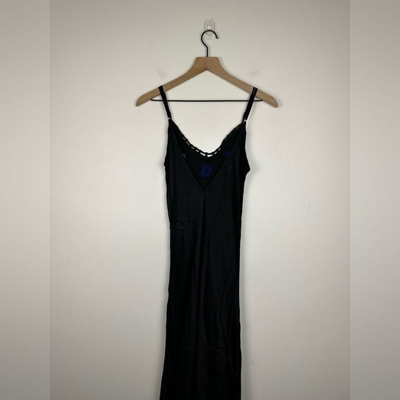 Poupette St Barth Black Satin Embroidered Floral Side Slit Maxi Resort Dress - Picture 6 of 10